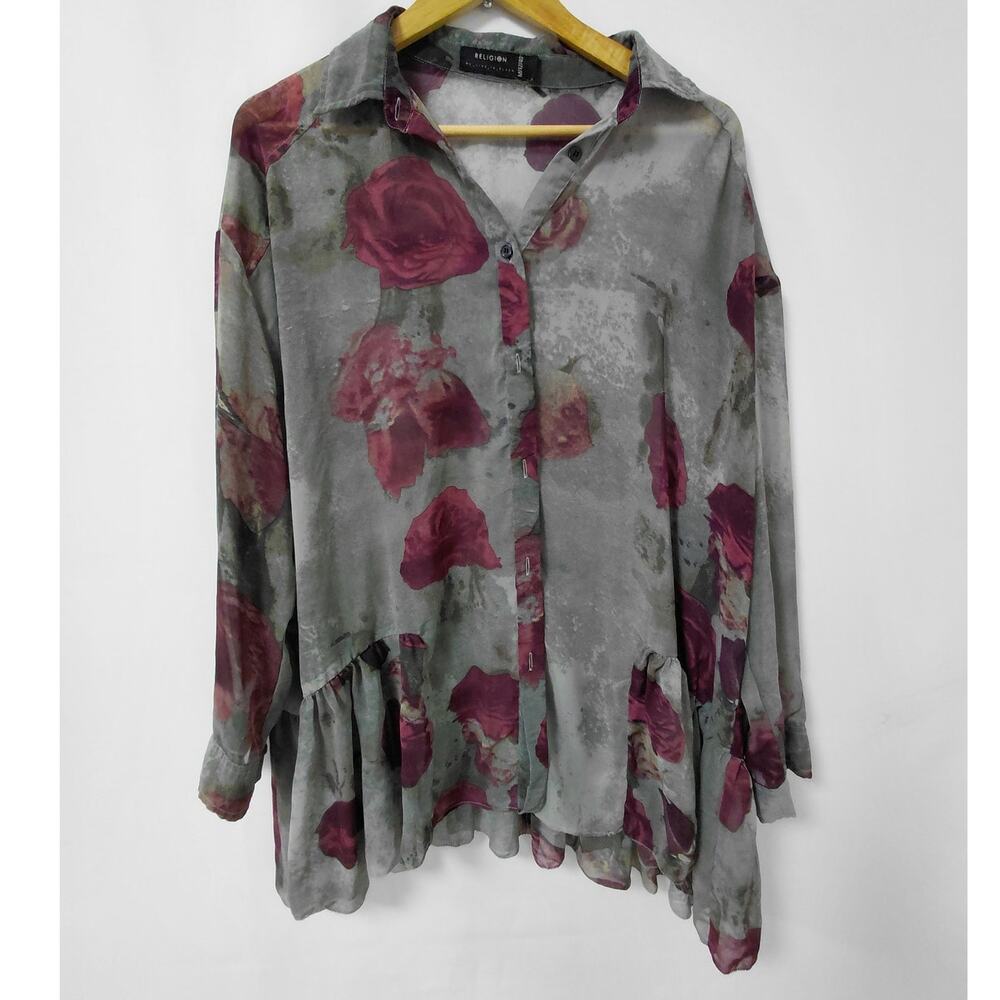 RELIGION Gray Red Floral Ruffle Sheer Long Sleeve Blouse Women Chiffon Size M